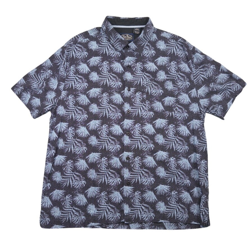 Nat Nast Button Up Shirt Mens L Blue Silk Cotton Palm Leaf Print Short Sleeve